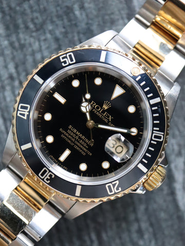 時計 ROLEX Submariner Mens Rolex Two-Tone 18K/SS Submariner Watch Blue Dial 16613