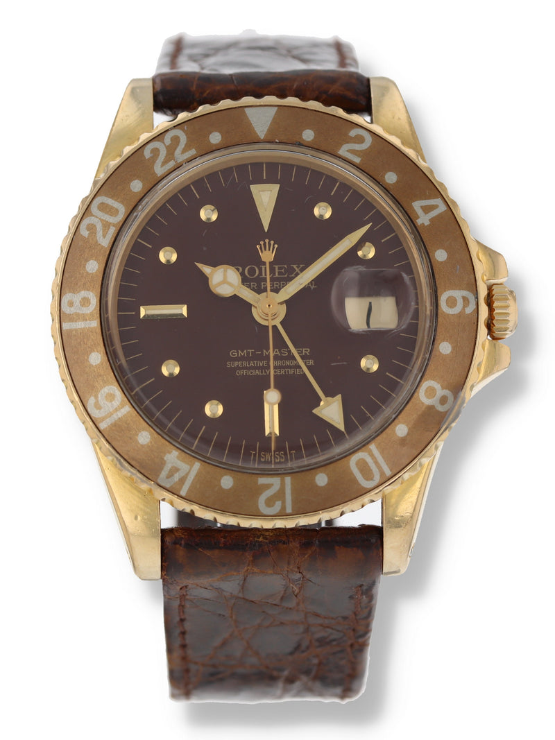 38943: Rolex vintage 1970's GMT-Master, Brown Nipple Dial, Fat Font Bezel, Ref. 1675, Original Box, Papers and Booklets