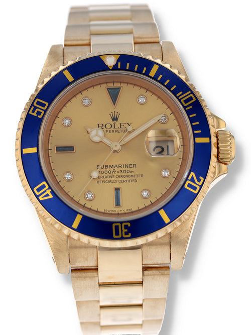 40292: Rolex 18k Yellow Gold "Serti" Submariner, Ref. 16618, Circa 1991. Rolex Box