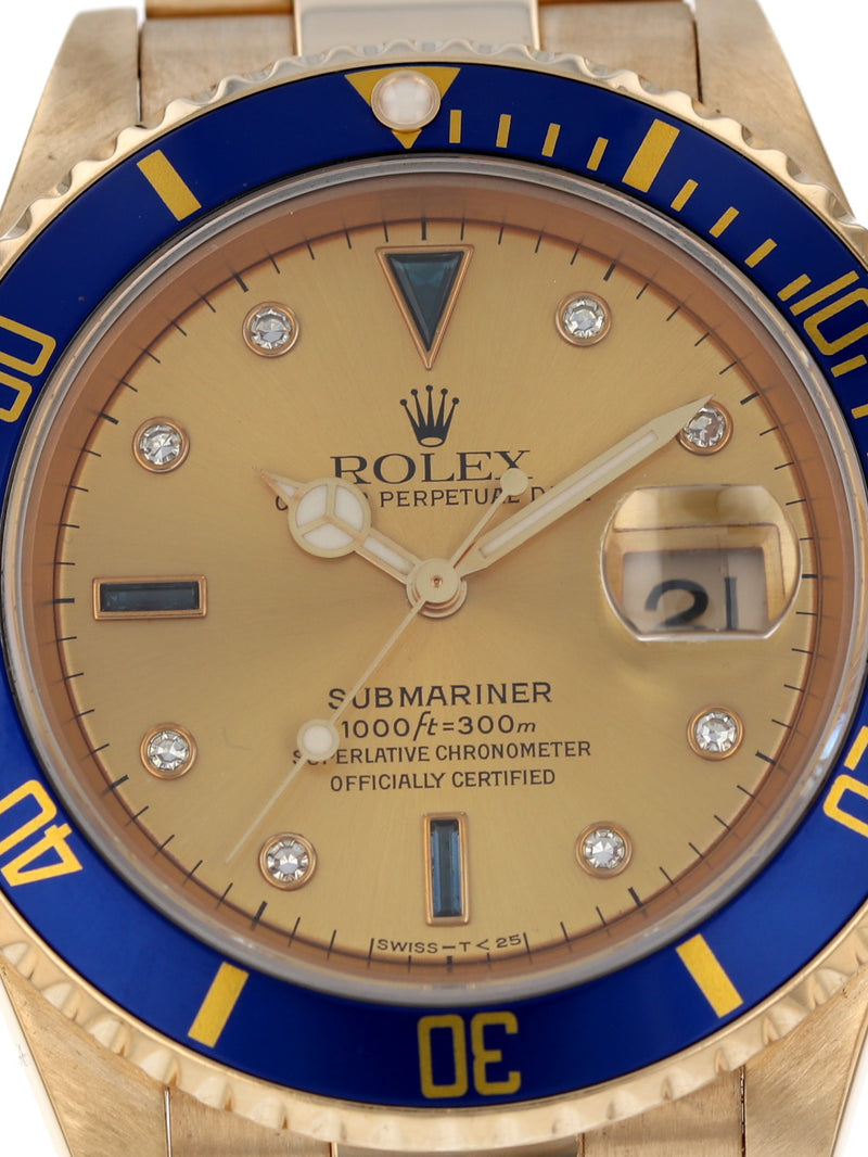 40292: Rolex 18k Yellow Gold "Serti" Submariner, Ref. 16618, Circa 1991. Rolex Box