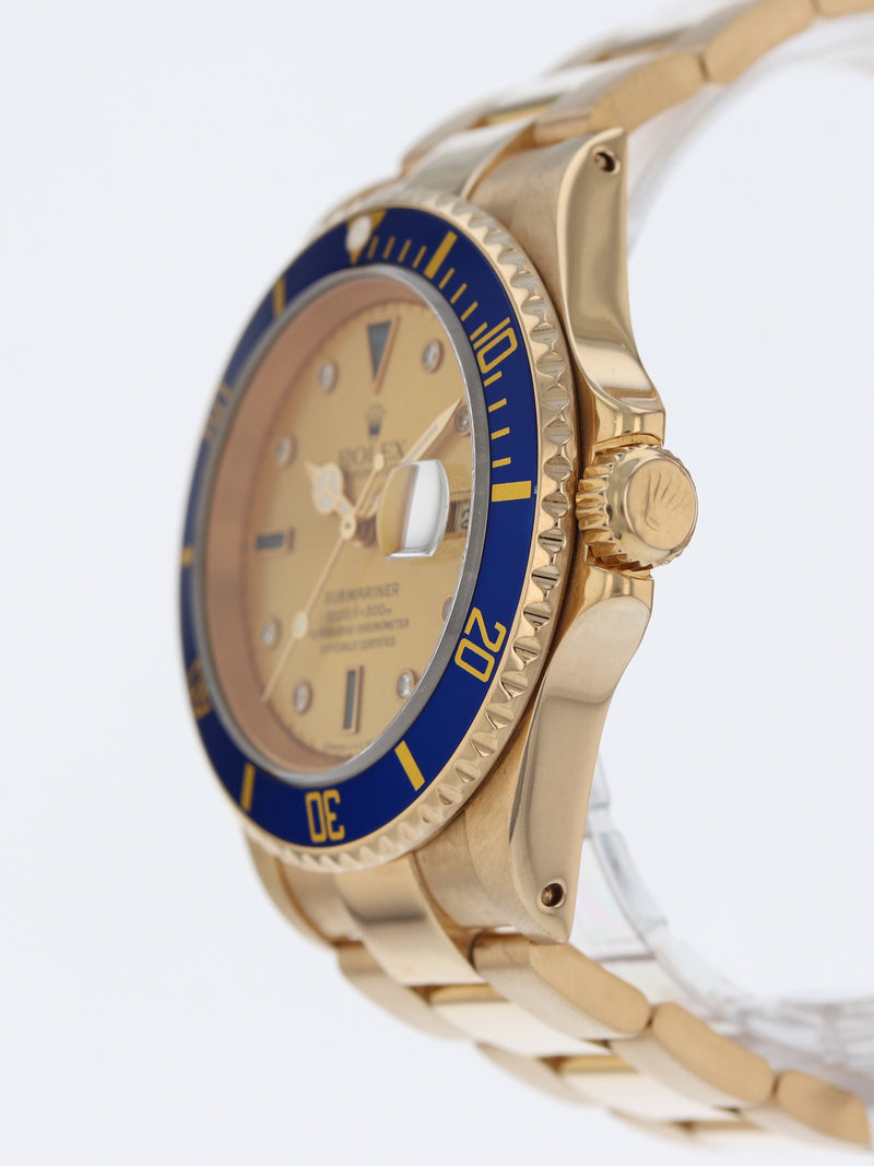 40292: Rolex 18k Yellow Gold "Serti" Submariner, Ref. 16618, Circa 1991. Rolex Box