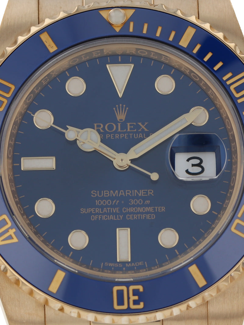 Rolex 40MM 18K Yellow Gold Blue Submariner Date Ref 116618LB Box and Card –