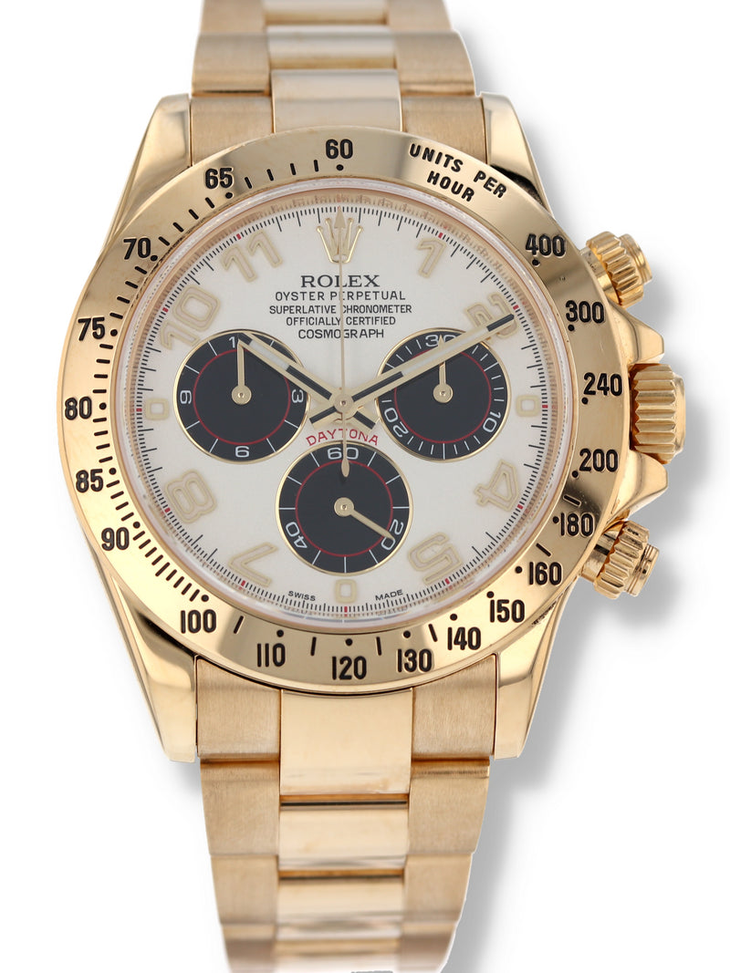 M39728: Rolex 18k Yellow Gold Daytona, Ref. 116528, Box and 2013 Card "Panda Racing Dial"