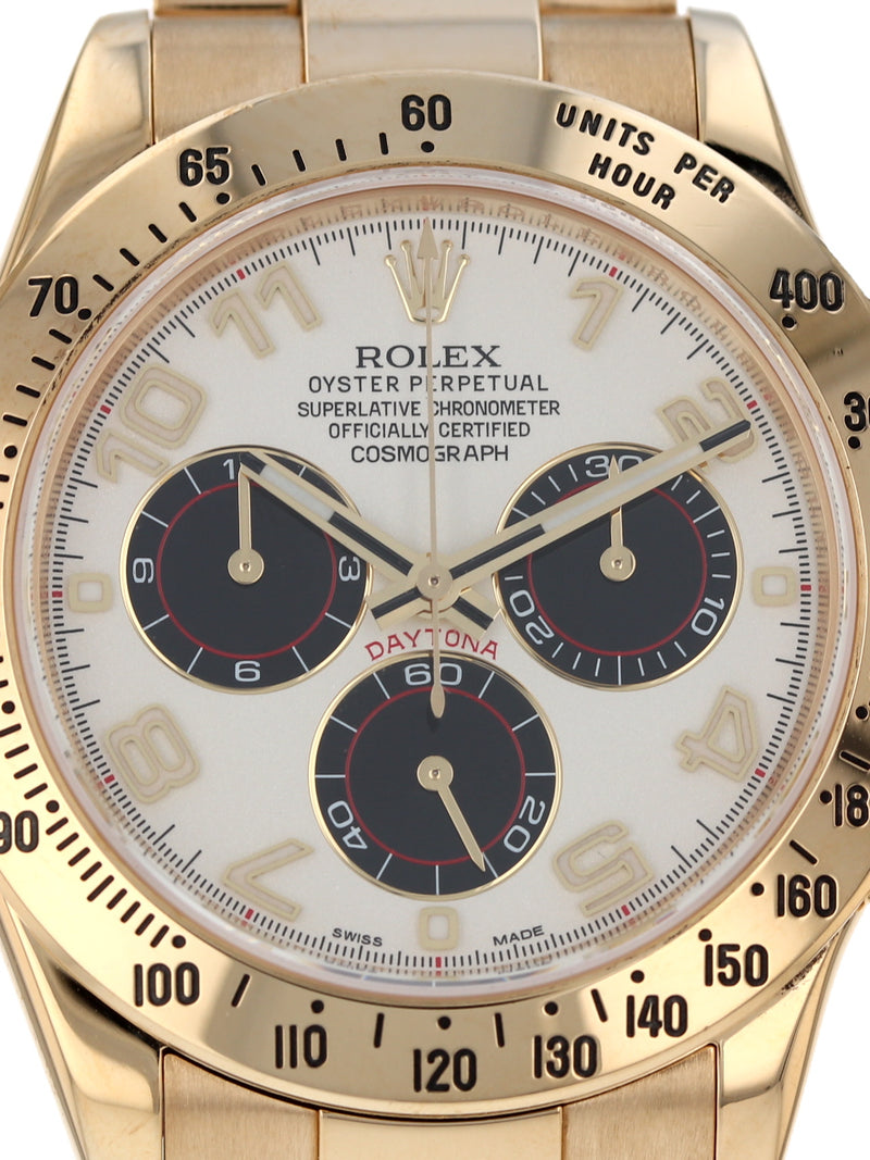 M39728: Rolex 18k Yellow Gold Daytona, Ref. 116528, Box and 2013 Card "Panda Racing Dial"