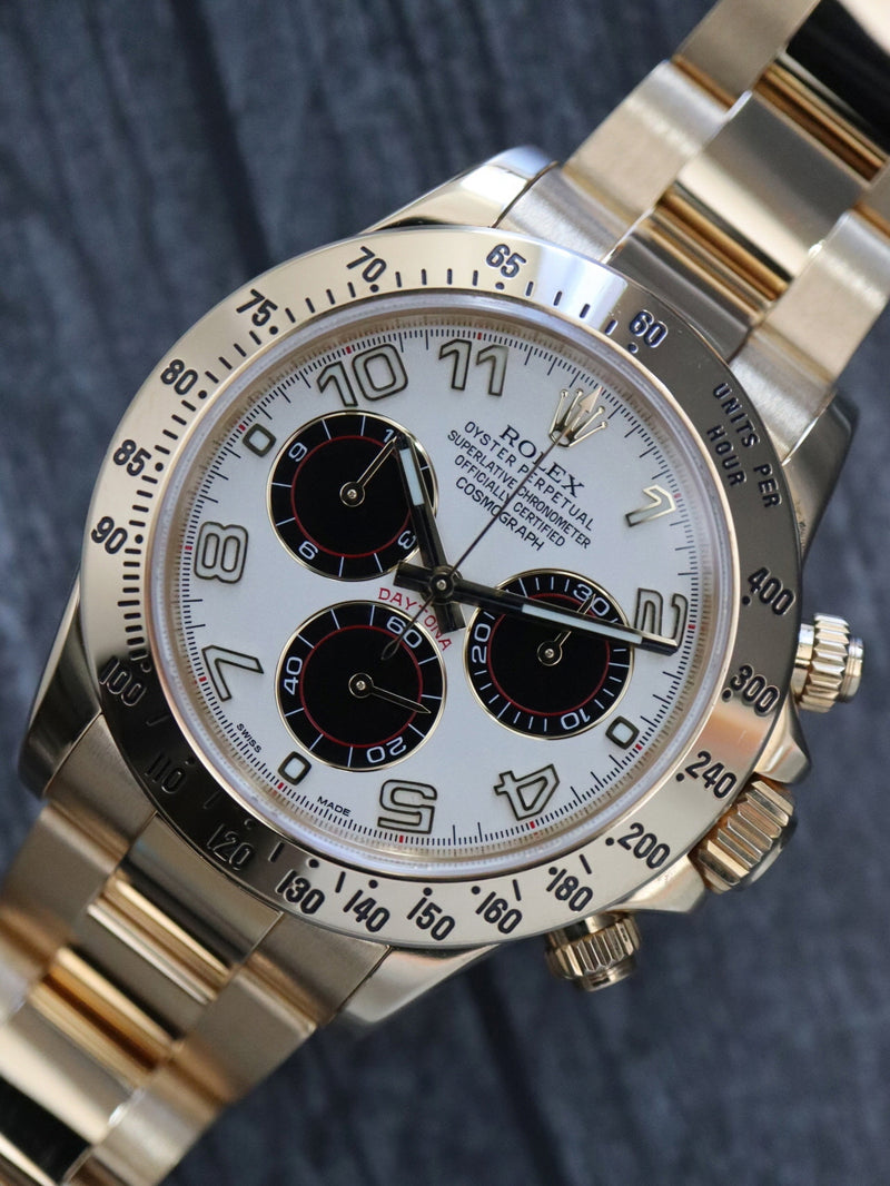 M39728: Rolex 18k Yellow Gold Daytona, Ref. 116528, Box and 2013 Card "Panda Racing Dial"