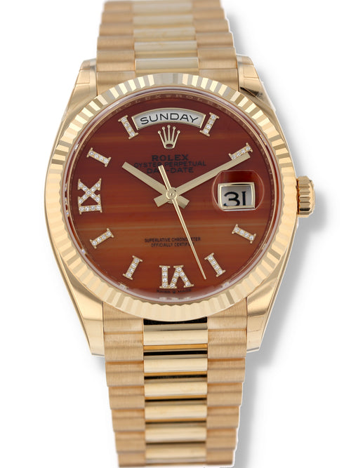 M40426: Rolex 18k Yellow Gold Day-Date, "Carnelian" Dial, Ref. 128238, 2023 Full Set