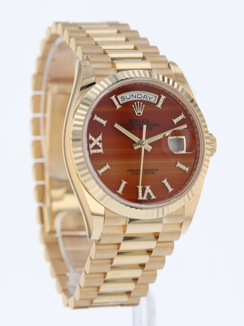 M40426: Rolex 18k Yellow Gold Day-Date, "Carnelian" Dial, Ref. 128238, 2023 Full Set Like New