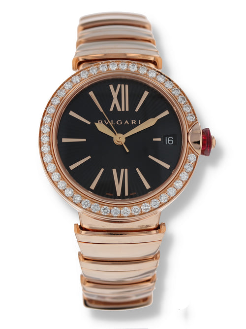 (To Exhibition) 38478: Bvlgari 18k Rose Gold Lvcea, Automatic, Size 33mm. Box and Booklet. Ref. 102260
